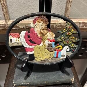 Vintage Santa Cast Iron Oval Trivet/ Hot Plate Holder